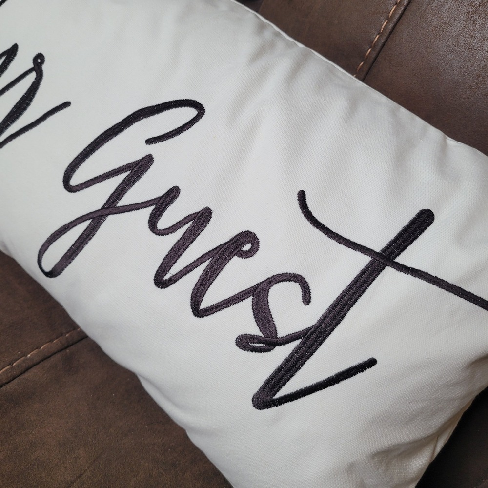 Lumbar Accent Pillow White Be Our Guest Embroidered Tassel Trim - Picture 3 of 8